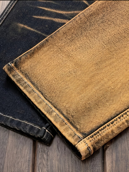 American-style Fashion Multi-process Washed Cat Mustache Men's Denim Trousers, Casual Stretch Jeans, Retro Anti-aging Gradient Washed Denim Work Pants, Multi-pocket Work Pants, Durable Denim Fabric, Casual Wear Denim Trousers