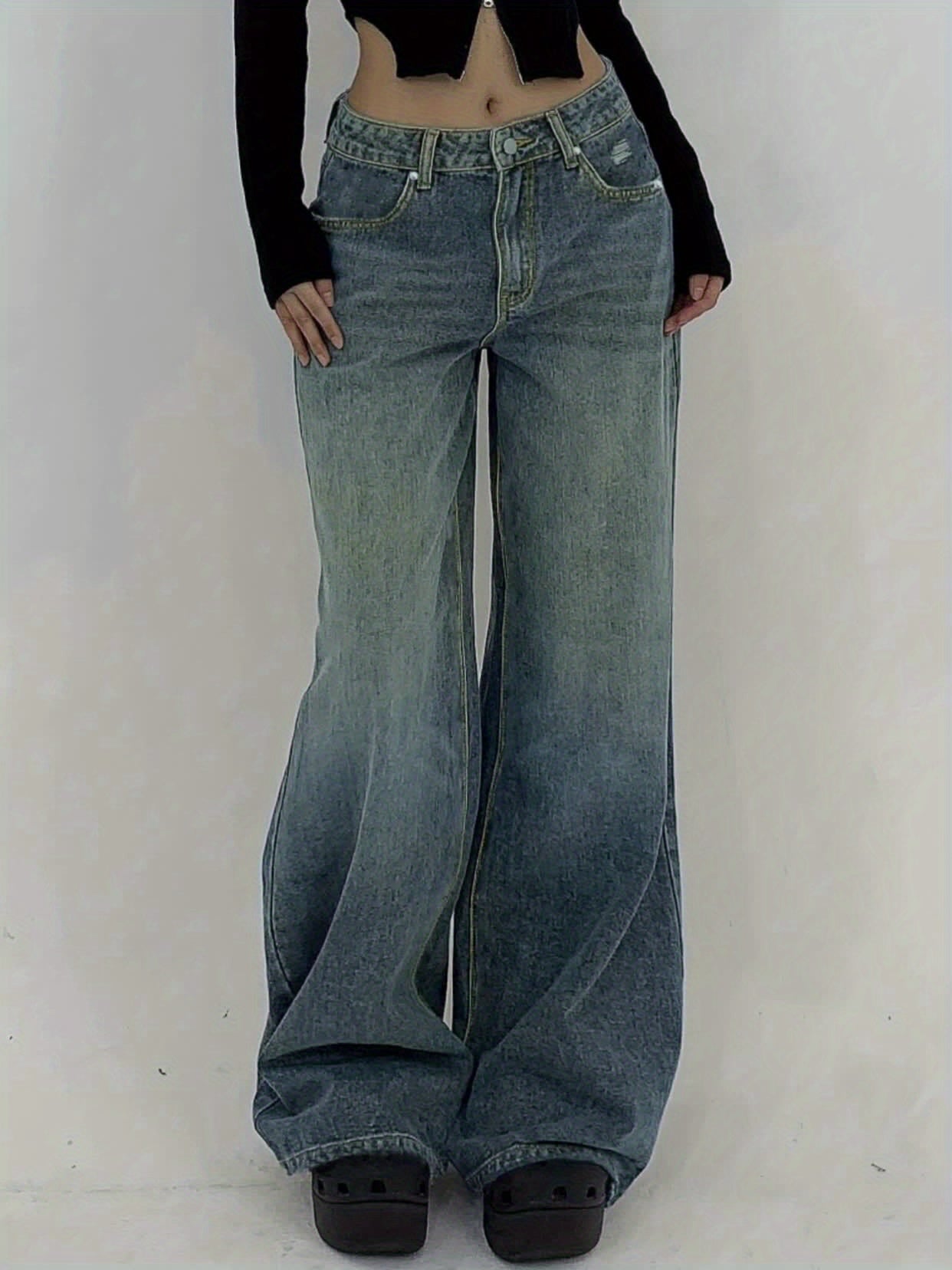 1-Pack Women's Wide-Leg Ultra-Long Floor-Length Ripped Loose-Fit Casual Jeans. Suitable for Streetwear, Daily Wear, Parties, and Outdoor Scenes. Sizes XS-XXL. Women's High-Stretch Denim Jeans, Loose Fit with White Stitching, All-Season Wear