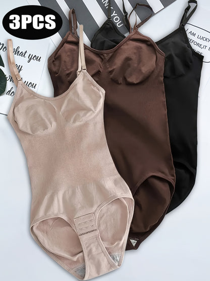 [3pcs Bodysuits Tummy Control] 3pcs Seamless Body Shaping Bodysuits for Tummy Control, Solid Color, Bodysuits, Fabric, Butt Lifting And Butt Slimmer Body Shaper