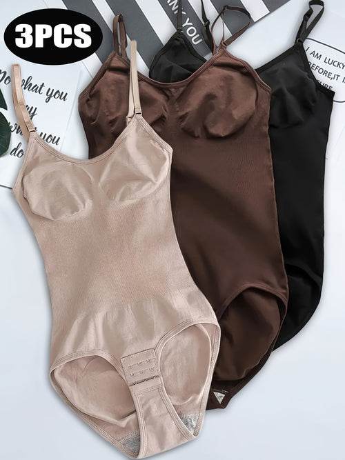 [3pcs Bodysuits Tummy Control] 3pcs Seamless Body Shaping Bodysuits for Tummy Control, Solid Color, Bodysuits, Fabric, Butt Lifting And Butt Slimmer Body Shaper