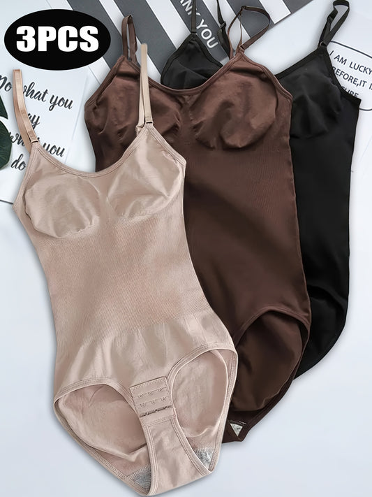 [3pcs Bodysuits Tummy Control] 3pcs Seamless Body Shaping Bodysuits for Tummy Control, Solid Color, Bodysuits, Fabric, Butt Lifting And Butt Slimmer Body Shaper