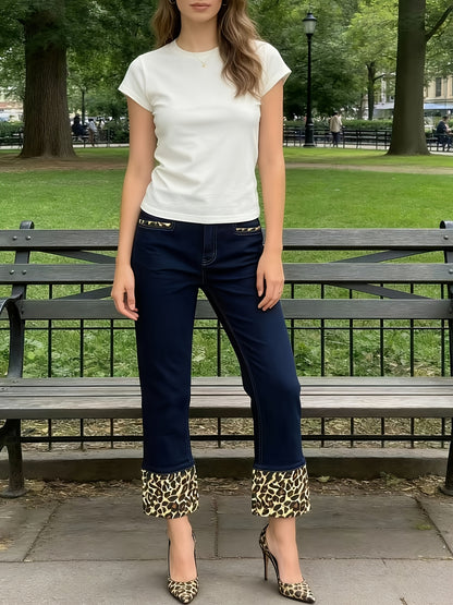 Y2K Hot Leopard Print Decor Jeans - High Waisted Butt Lifting Dark Wash Stretchy Denim Women'S Casual Streetwear Pants