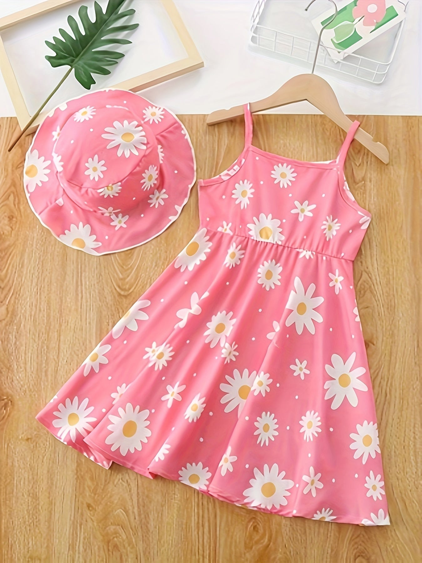 Summer Girls Flower Print Dress Children's Casual Dress Spring/Summer Popular Western Style Little Girl Fashion Versatile Casual Print Full Print Dress (including Hat)