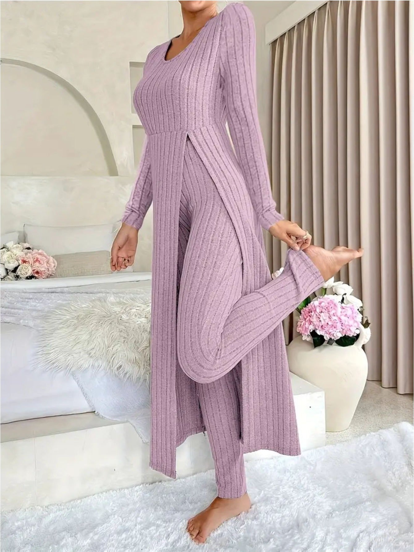 Women'S Heavyweight Fleece Two-Piece Set - Oversized Long Sleeve Lounge Outfit with Wide-Leg Pants, Cozy Winter Warmth, Soft Ribbed Texture & Minimalist Design for Home, Office, Casual Outings - Fall Winter Clothing (No Transparency