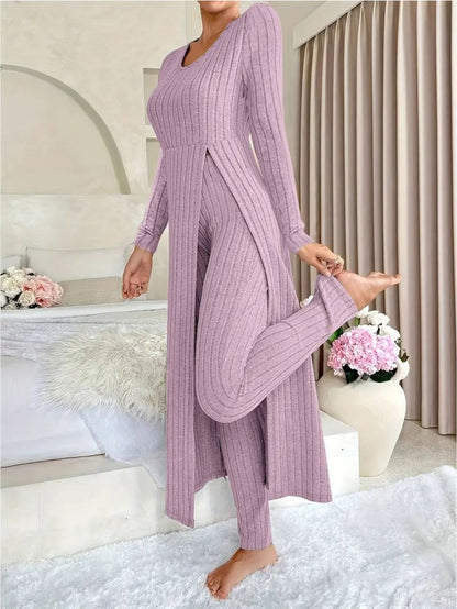 Women'S Heavyweight Fleece Two-Piece Set - Oversized Long Sleeve Lounge Outfit with Wide-Leg Pants, Cozy Winter Warmth, Soft Ribbed Texture & Minimalist Design for Home, Office, Casual Outings - Fall Winter Clothing (No Transparency