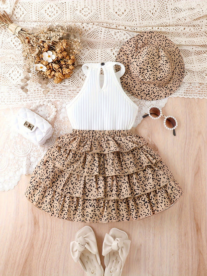 Three-Piece Vintage Leopard Print Outfit for Girls - Includes a Sleeveless Blend Bandeau Top, a Tiered Skirt, And a Matching Hat - Perfect Casual Summer Attire for Children Featuring Frill Accents