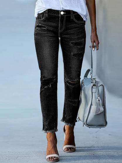 Plus Size Women's Blue Distressed Washed Denim Jeans | Multiple Rips & Destroyed Hem | Slim Fit, Unique Design | Versatile Stylish Style for All-Season Commuting
