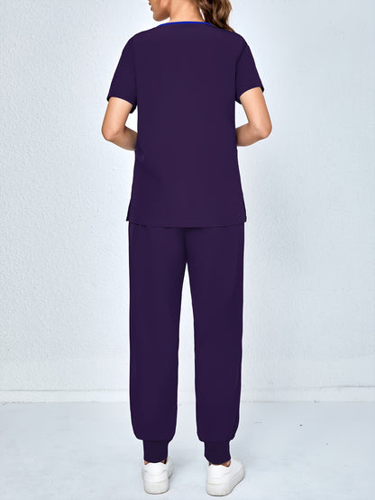 2pcs Set Of Top And Pants, Women's V-neck Frosted Breathable Pocket S Uniform, Brushed Hand Clothes, Work Clothes, Hand Washing Clothes, Pocket Clothes, Leg Binding Pants Set