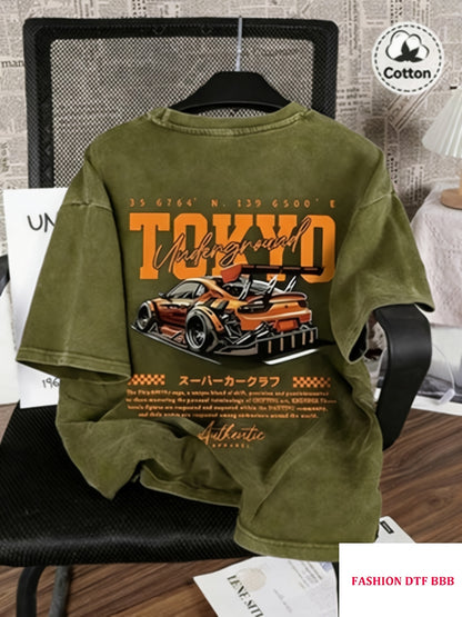Spring And Summer Racing Pattern Men'S T-Shirt Top, Micro Elastic Fit, Washed with Water to Make Old, Breathable Black Round Neck Short Sleeved T-Shirt, Daily Casual Street T-Shirt Top