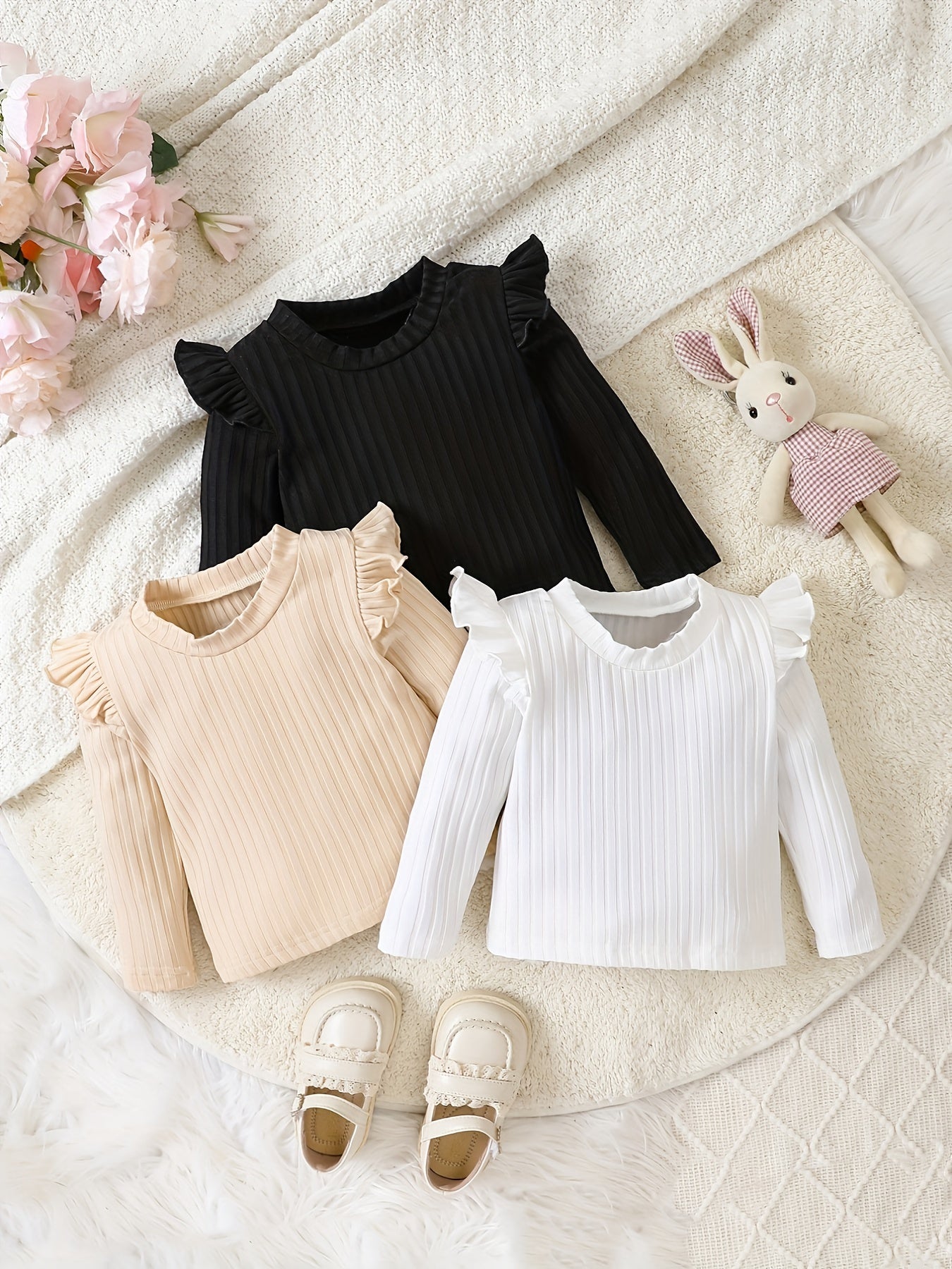 Girls' Clothing - School Season Gifts - Spring/Autumn Round-Neck Short-Sleeved Plaid Base Shirt - Long-Sleeved T-Shirt Set of 3 - Versatile And Cute Casual Style - Baby Girls' Long-Sleeved T-Shirt - Valentine'S Day Gift