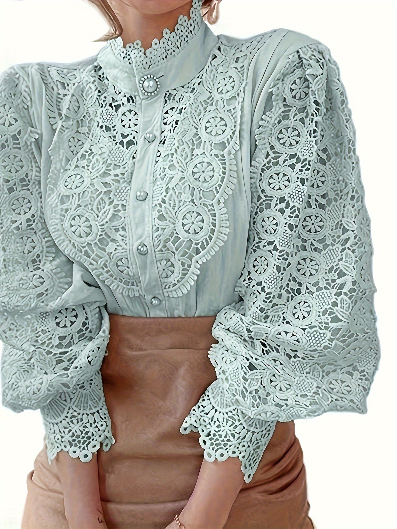 Women's Shirt Heavy Lace Hollow Flower Long Sleeve Lace Stand Collar Pearl French Button Top Shirt