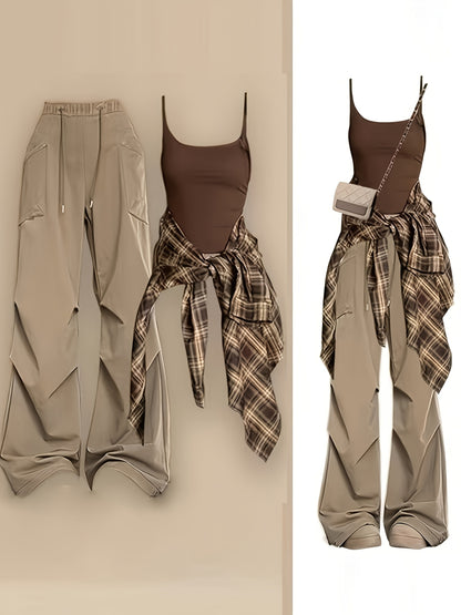 3pcss Women'S Y2K Harajuku Streetwear 3pcs Suit - Plaid Oversized Loose Fit Matching Set with High-Waist Wide-Leg Cargo Pants, Drawstring And Matching Vest - All-Season Casual Outfits, Fashion Clothing
