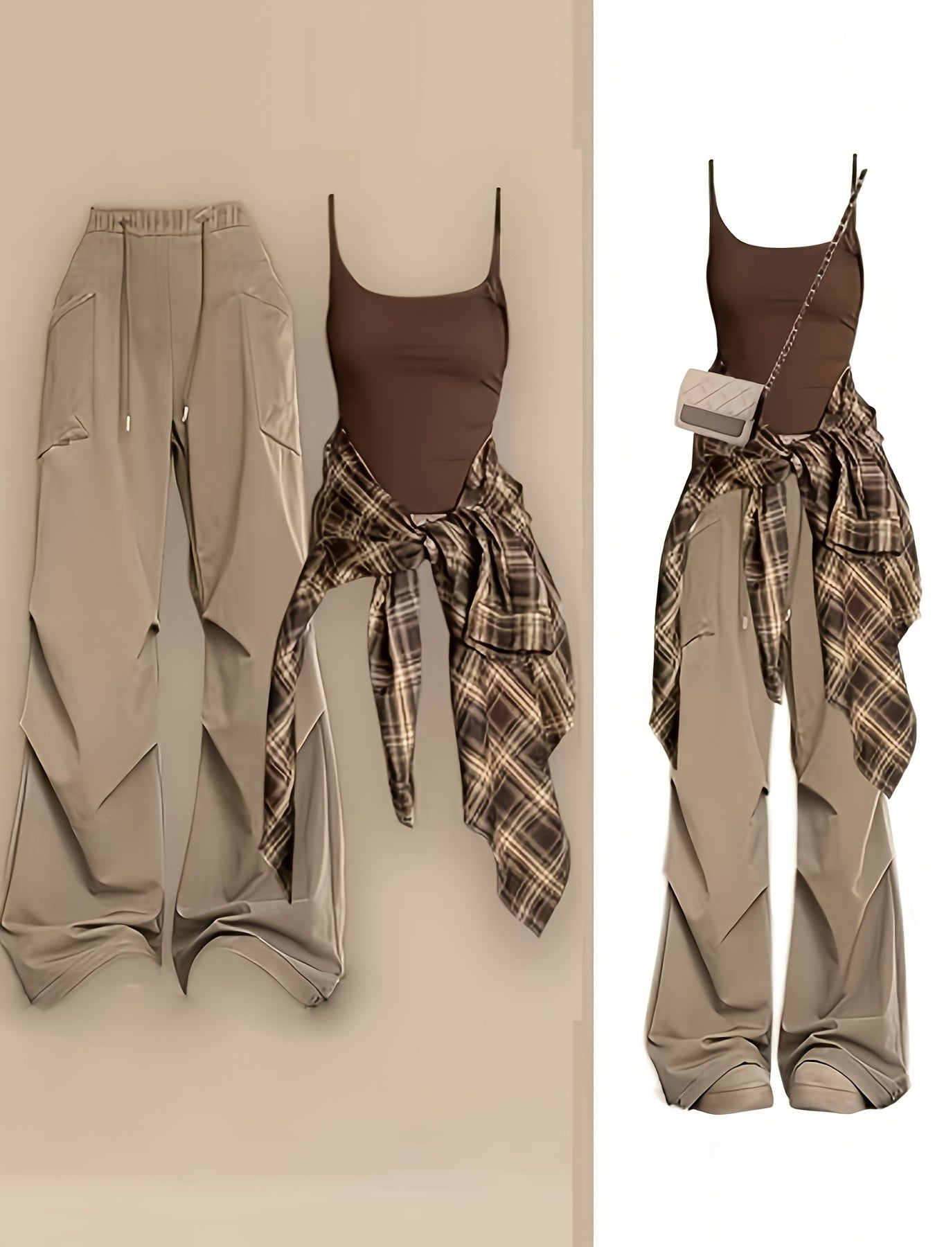 3pcss Women'S Y2K Harajuku Streetwear 3pcs Suit - Plaid Oversized Loose Fit Matching Set with High-Waist Wide-Leg Cargo Pants, Drawstring And Matching Vest - All-Season Casual Outfits, Fashion Clothing