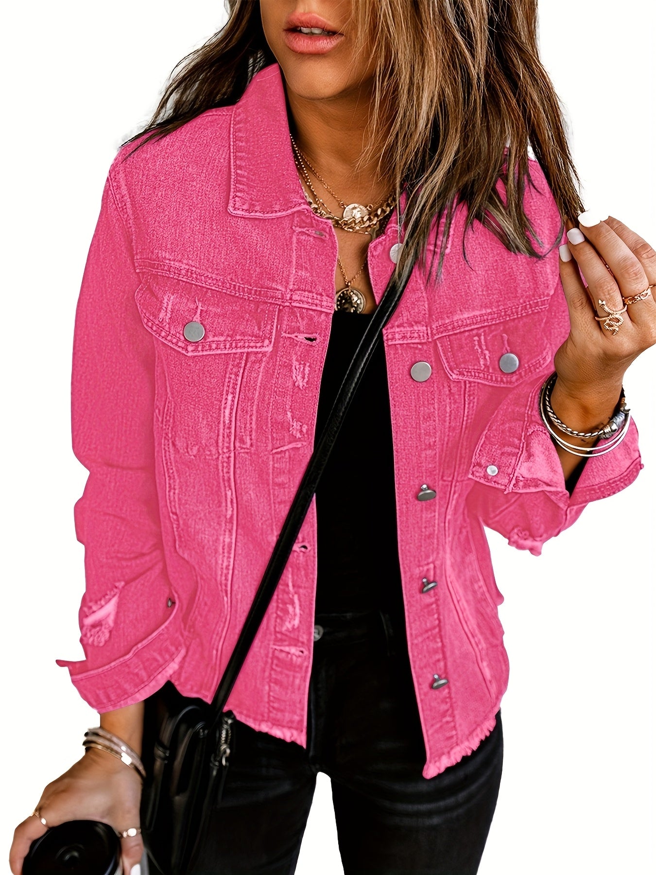 Women's Ripped Washed Button-Up Boyfriend Denim Jacket Coat with Pockets, Casual Classic Distressed Denim Outerwear TZ001