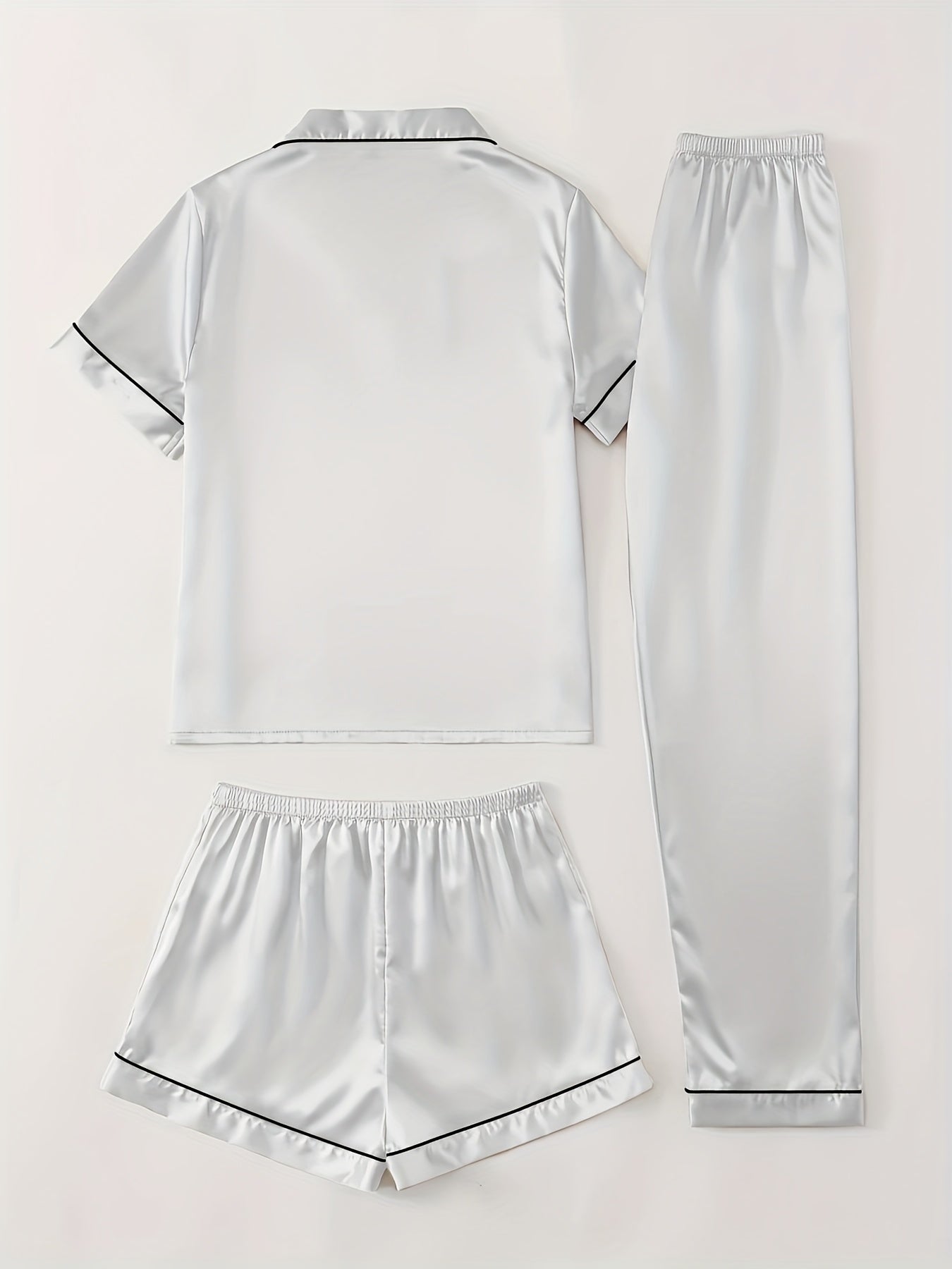 Casual Fashion Comfortable Spring/Summer/Autumn Satin Color Ding Short Sleeve Shirt & Elastic Shorts & Elastic Pants Three-piece Pajama Set