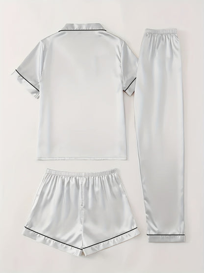 Casual Fashion Comfortable Spring/Summer/Autumn Satin Color Ding Short Sleeve Shirt & Elastic Shorts & Elastic Pants Three-piece Pajama Set