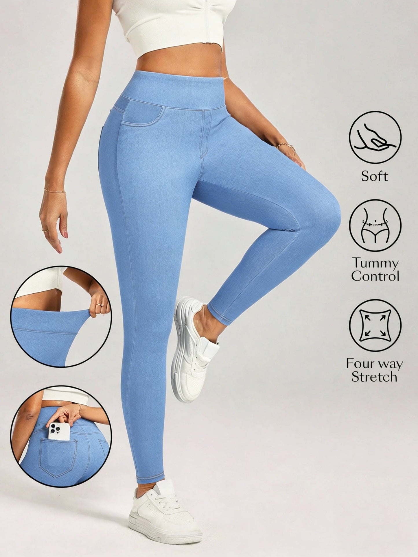 Women'S High-Waisted Denim Jeggings, Tummy Control Skinny Jeans Pants, Stretchy Pull-On Skinny Fit Leggings