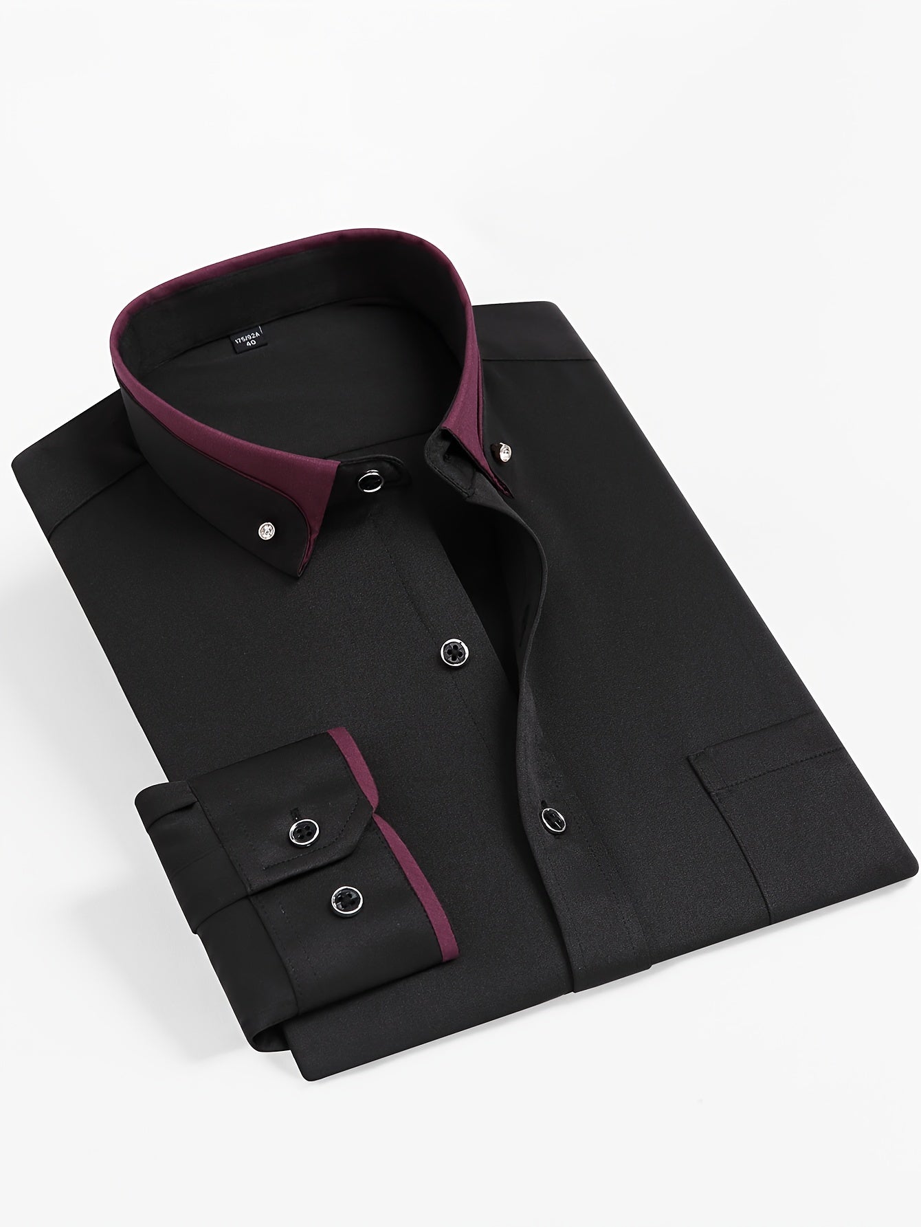Color Block Fold-Up Collar Crystal Buckle Formal Shirt Men'S Long Sleeve Contrast Color Stretch Iron-Free Business Casual Top with Loan Fashion Cardigan Shirt