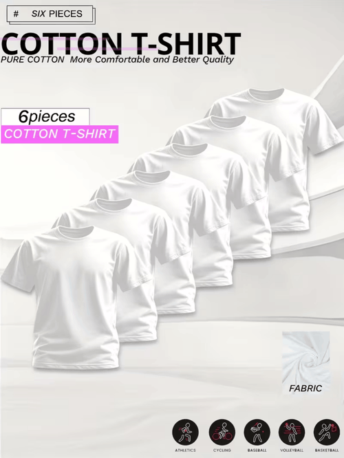 6 Pieces of Unisex Round Neck Cotton T-shirt Basic, Soft, Comfortable And Breathable, Essential for Sports Exercise And Fitness, Daily Casual Trend Wear, Suitable for Summer And Autumn, Local Warehouse Delivery