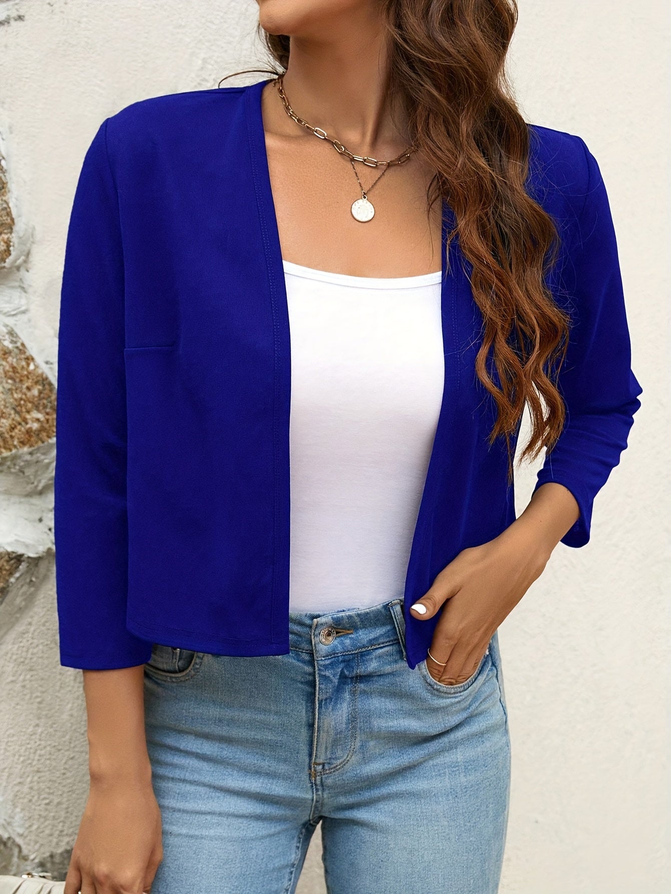 Solid Color Open Front Jacket, Casual Long Sleeve Jacket for Fall & Winter, Women'S Clothing
