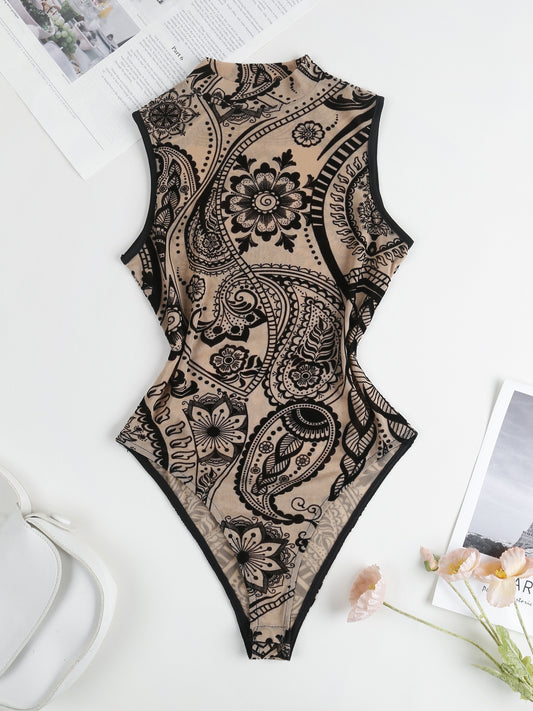 Elegant Sheer Mesh Bodysuit with Tropical Print - Sleeveless, Stretchy & Machine Washable for Women