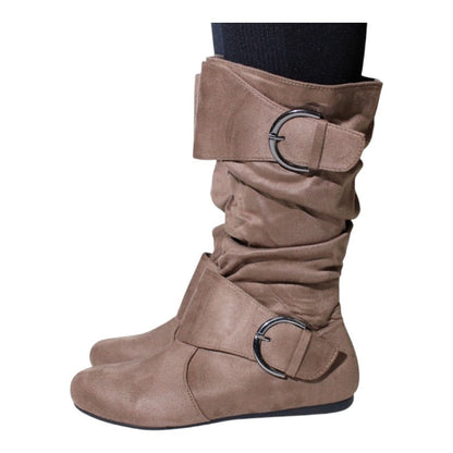 Women's Closed Round Toe Buckle Slouch Flat Heel Mid-Calf Boot