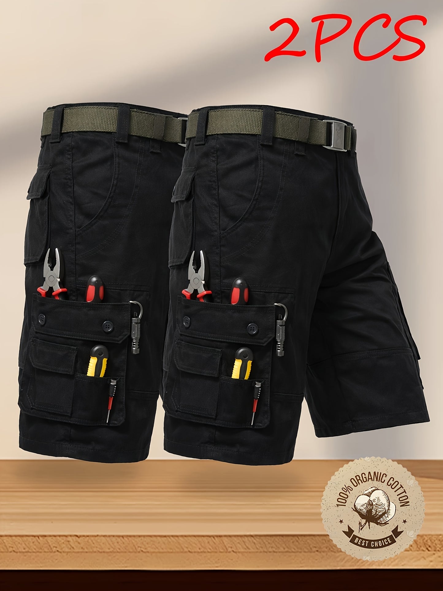 2-Pack Men'S New Multi-Pocket Work Shorts, 100% Pure Skin-Friendly And Breathable Fabric, Running, Travel, And Hiking Shorts, Wrinkle-Resistant And Durable Shorts