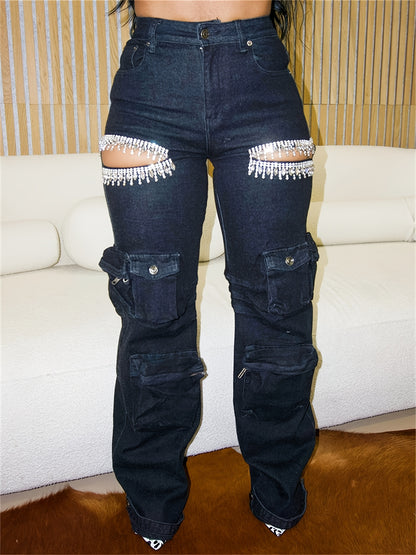 [High-Waisted Stretch Jeans] High-Waisted Stretch Denim Cargo Jeans for Women, Featuring Rhinestone Embellishments, Cut-Out Details, And Utility Pockets. Perfect for Clubbing Or Street Style, These Edgy And Sexy Casual Jeans Are Ideal for Festivals, Parti