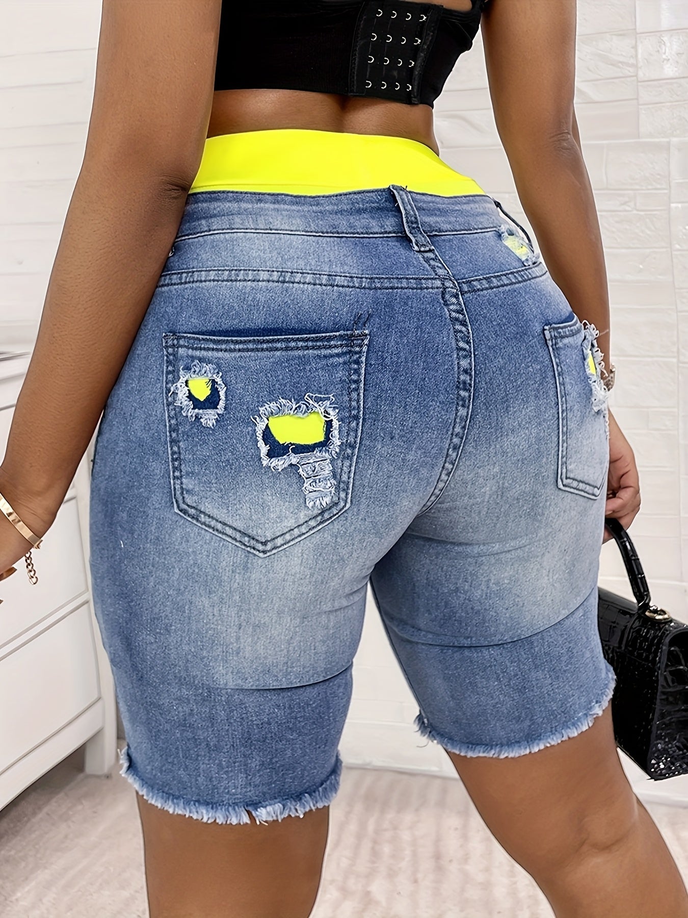 Denim Shorts: Color Block Printed Distressed Shorts/w Fitness Running Shorts