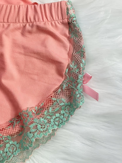Contrast Color Lace Splicing V-neck Camisole and Double-sided Bow Splicing Casual Shorts | Skin-friendly, Comfortable, Stretchy Fabric, Sexy Style, Suitable for All Seasons