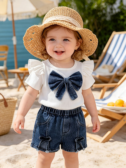 New 2pcs Baby Girls Set with 3D Flower And Bow Flutter Sleeve Top And Denim Shorts, Lightweight Breathable, Suitable for Daily School Outdoor Outings And Summer Outdoor Sports And Leisure for Girls, for Outdoor