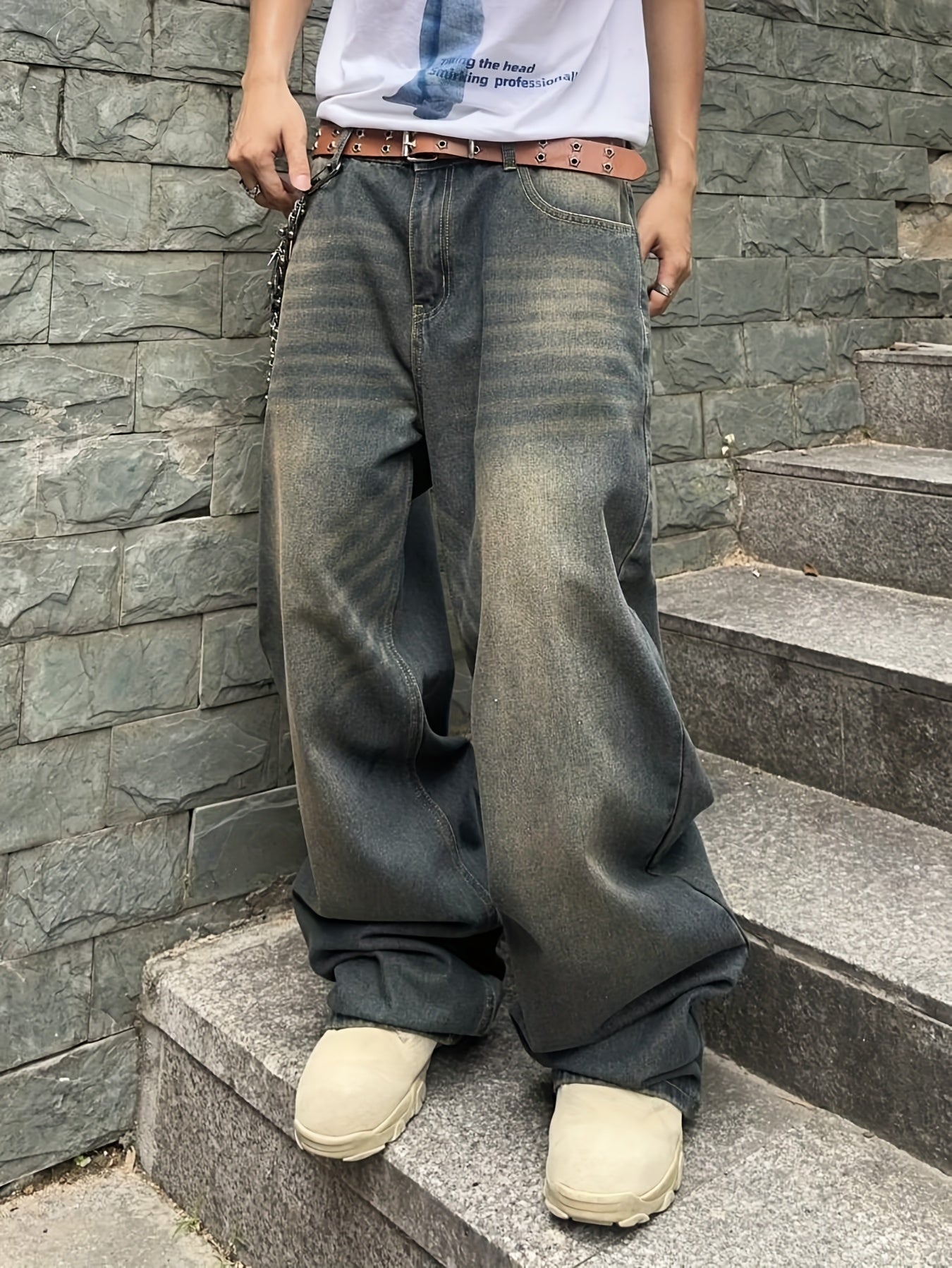 Men'S Casual Loose Fit Jeans, 90% 5% Polyester 5% Bamboo Rayon Rayon Blend, Solid Color Washed Denim, All-Season Non-Stretch Woven Fabric, Regular Length, Allseason Pants | Stylish Casualwear | Nonstretch Denim