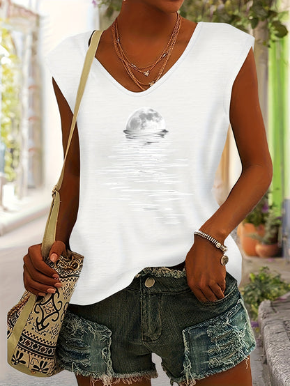 Women's Breathable Rayon V-Neck T-Shirt - Moon & Water Print H-Line Fitted Beach Top, Short Sleeve Casual Summer Blouse for Vacation, Machine Washable Spring/Summer Outfits