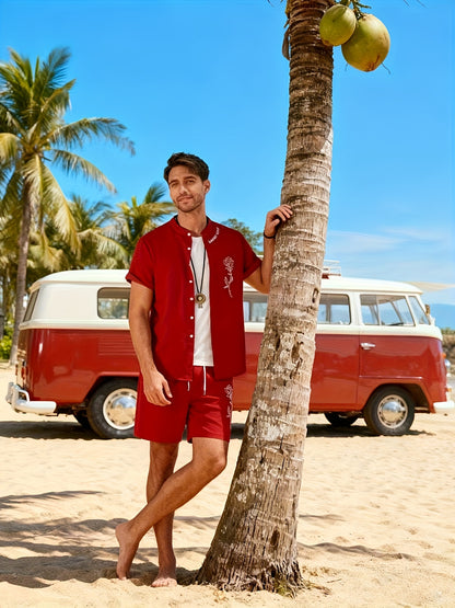 2pcs Printed Men's Summer Short Sleeve Button Shirt and Shorts Set
