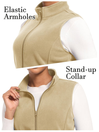 Women'S Fleece Zip Vest Lightweight Warm Sleeveless Jacket Stand Up Collar Windproof Soft Outerwear Vest with 4 Pockets Elastic Armholes for Camping Riding Office Outdoor Party Spring Fall Winter