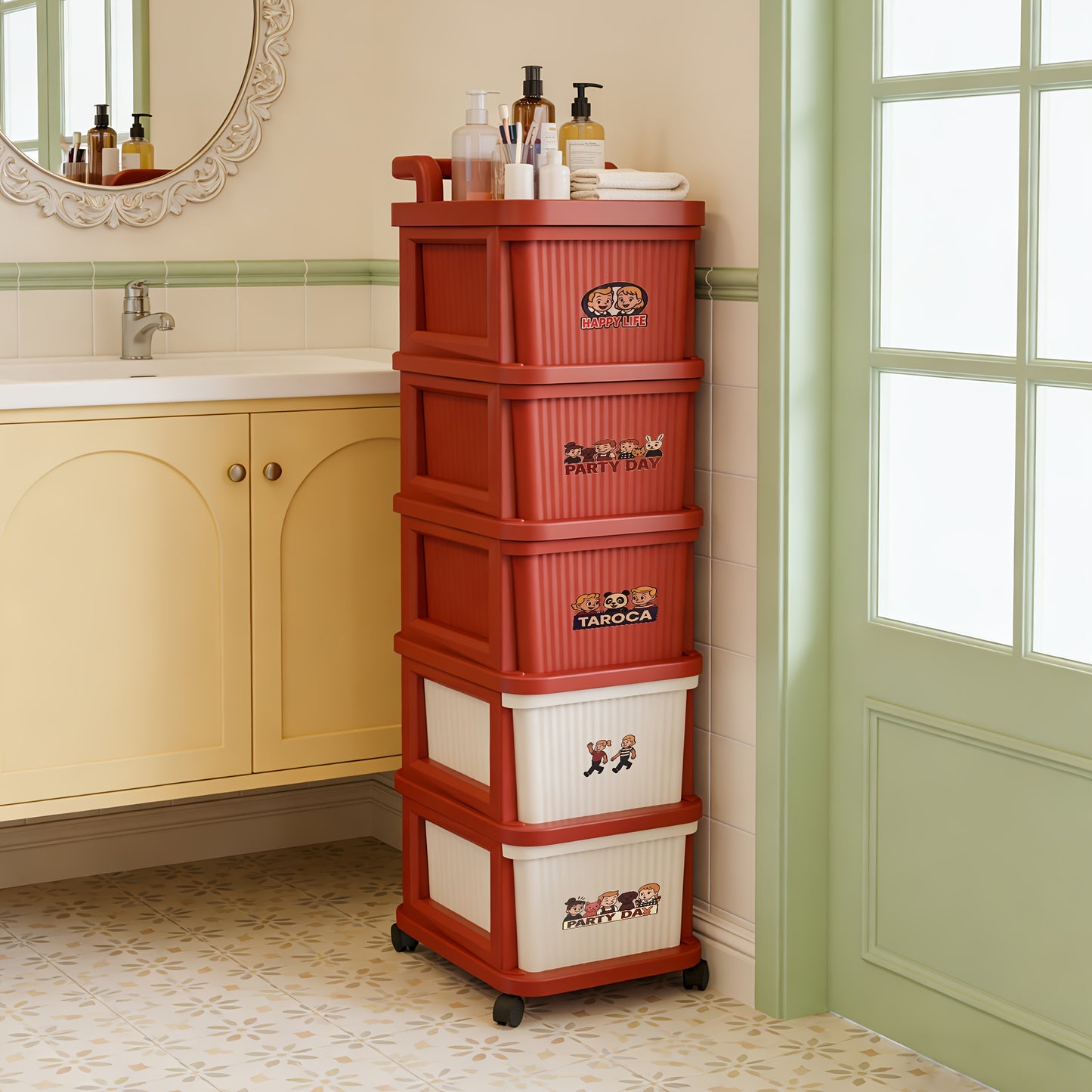 Large-Capacity Plastic Storage Cabinet with 2/3/4/5 Layers 鈥?Red & White Multi-Layer Drawer Organizer with Wheels, Easy to Assemble, Portable Stackable Storage Unit for Bedroom, Bathroom & Living Room, Foldable Home Organizer, Space-Saving Plastic