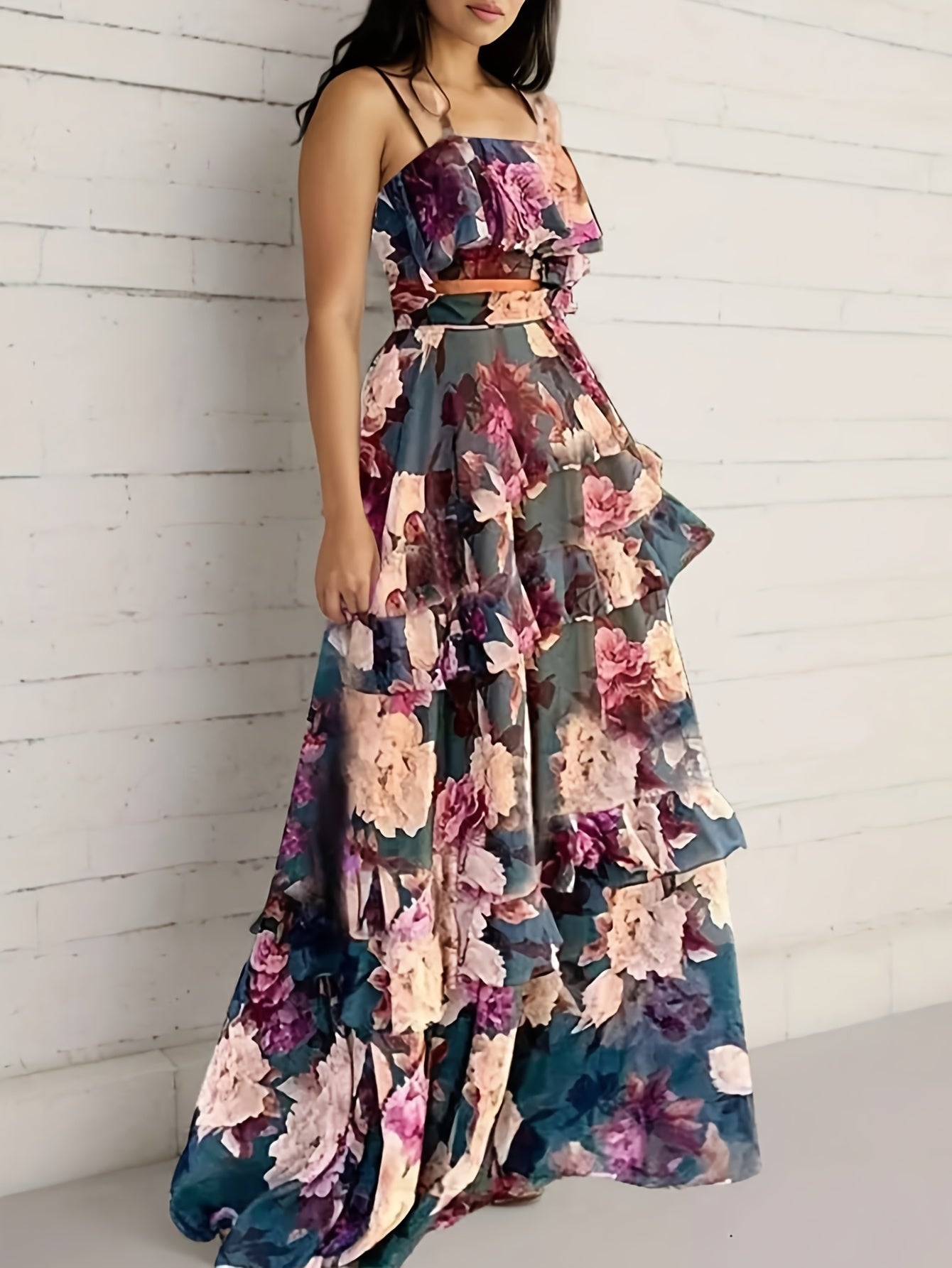 Spring/Summer New Beach Edge Holiday Style Printed Two-Piece Peplum Halter Top Cake Skirts Boho Skirts Casual Suit