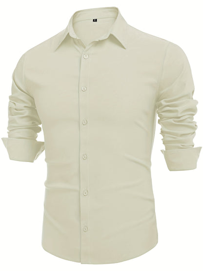 URRU Men's Muscle Fit Slim Stretch Dress Shirt - 4-Way Stretch Fabric (65% Rayon/25% Nylon/10% Spandex), Square Collar, Long Sleeve Button- Casual Shirt for All-Season Wear, Machine Washable Solid Color, Versatile Menswear, Classic Collar Design