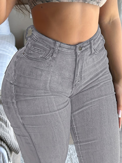 Women'S High Stretch Flare Zipper Jeans - Solid Color Street Style with Pockets, Four Seasons Comfortable Machine Washable Fabric, Functional Fashion Design, Comfortable Fit