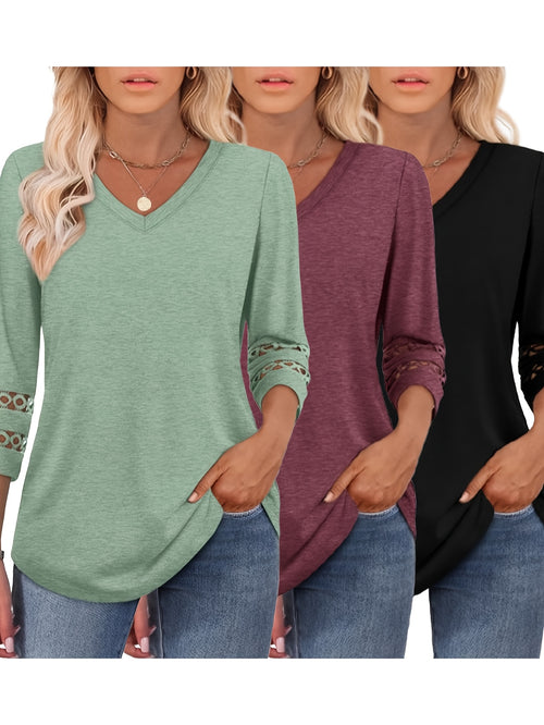 Three-piece Women'S 3/4 Long-sleeved Top, Fashionable Ladies' Casual Shirt, V-neck Lace Three-quarter Sleeve T-shirt