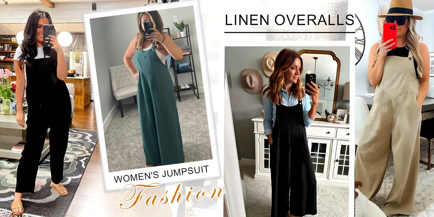 Women's Loose Fit Cotton-Linen Overalls Jumpsuit - Adjustable Strap Wide Leg Romper Pants with Zipper Closure, Non-See-Through Lightweight One-Piece Outfit for Women, Casual to Formal Events (Spring/Fall/Summer) - Everyday & Formal Wear, Ladies Rompers An