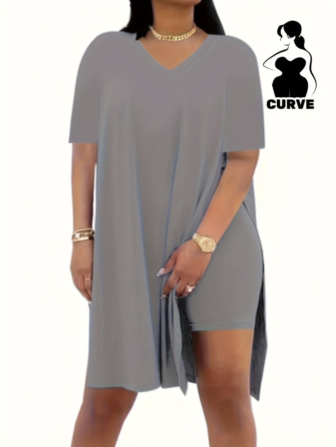 2pcs Set, Plus Size Women's Suit, Short Sleeve, Belted Waist, Top And Leggings
