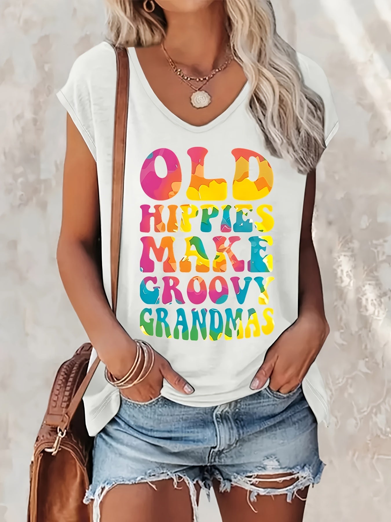 Women's Casual V-neck Sleeveless Vest- Retro "Old Hippie as a Charming Grandma" Pattern Print, Loose-fitting Summer Top, Machine-washable Black Printed Vest, Retro-style Daily Wear, Comfortable Fabric