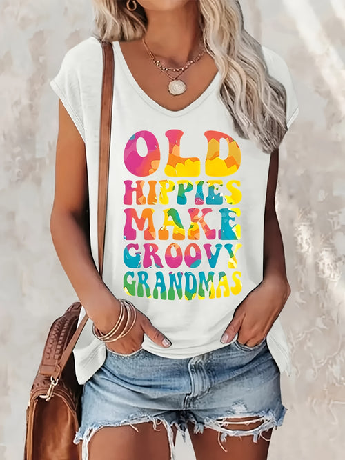 Women's Casual V-neck Sleeveless Vest- Retro "Old Hippie as a Charming Grandma" Pattern Print, Loose-fitting Summer Top, Machine-washable Black Printed Vest, Retro-style Daily Wear, Comfortable Fabric
