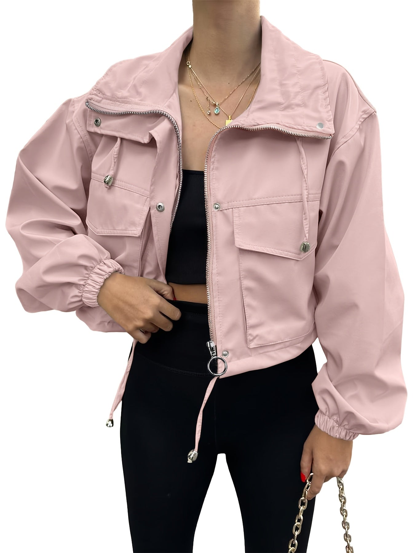 Women'S Cropped Jacket Zip Up Lightweight Oversized Utility Anorak Coat with Pockets