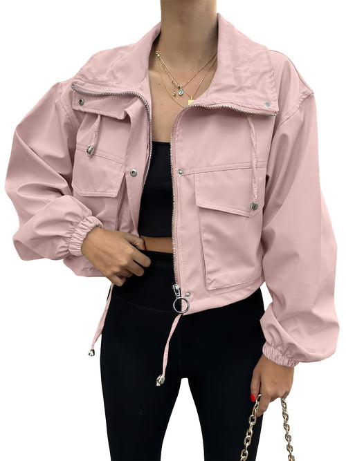 Women'S Cropped Jacket Zip Up Lightweight Oversized Utility Anorak Coat with Pockets