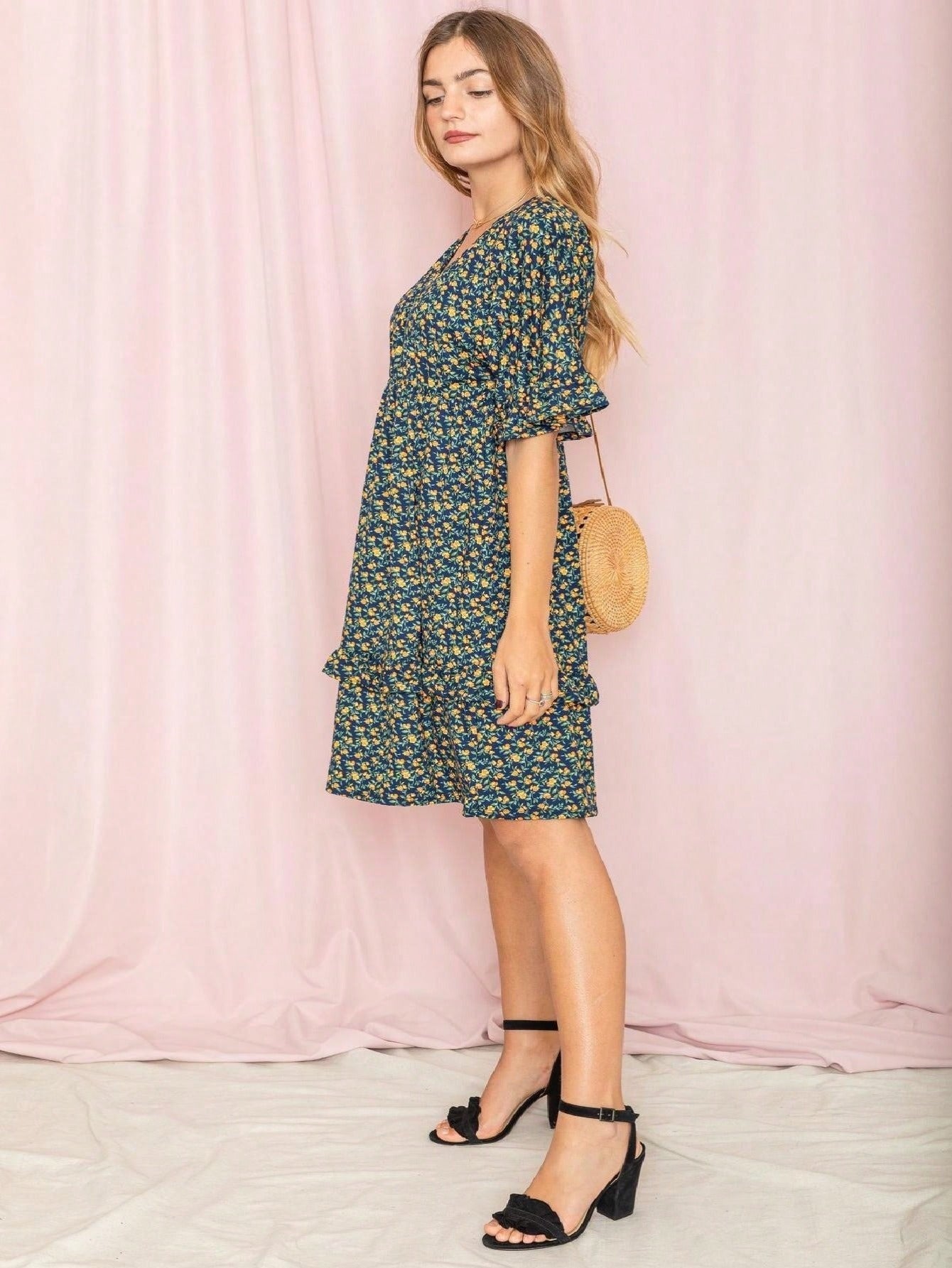 Vintage Boho Navy Pink Yellow White Charcoal Floral Ruffle flutter Trim Midi Dress S-3X