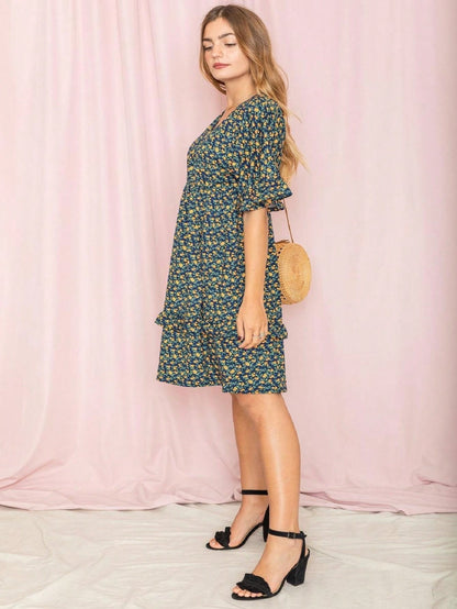 Vintage Boho Navy Pink Yellow White Charcoal Floral Ruffle flutter Trim Midi Dress S-3X