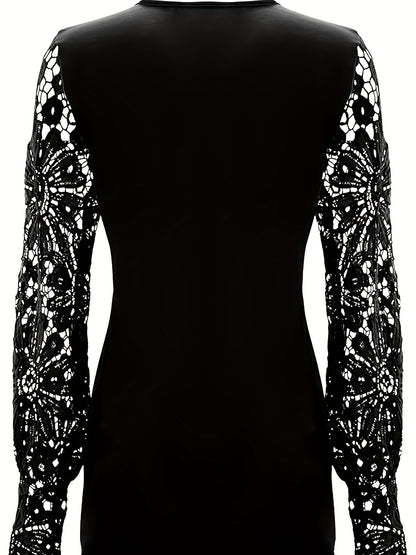 Plus Size - European And American Spring And Autumn Fashion New Women'S Lace Lace Lace Sleeves Pressed Pleated Solid Color Button T-shirt Bottom