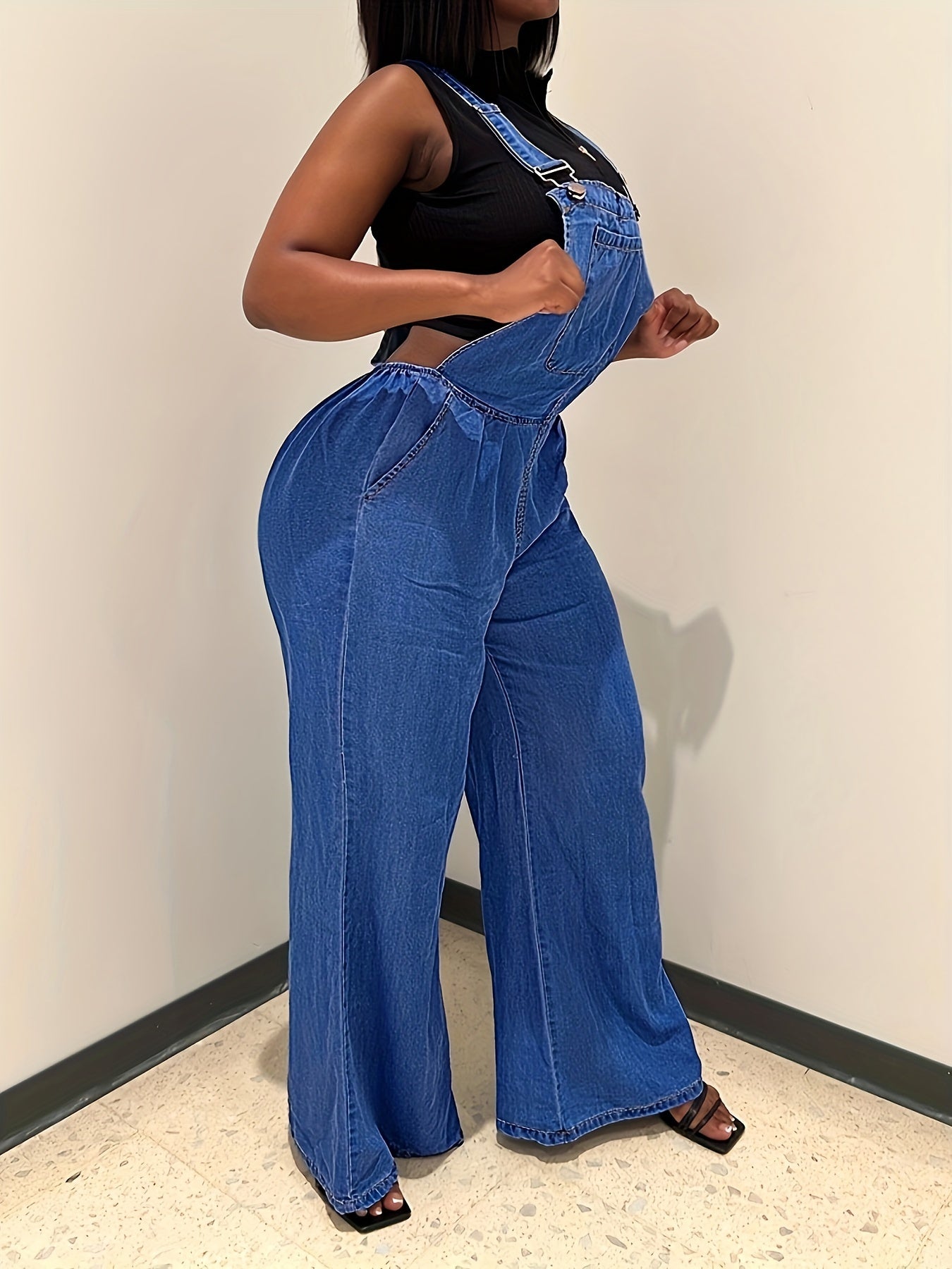 Women's Denim Overalls - Loose-Fit Sleeveless Casual Style With Side Pockets, Wide-Leg Jumpsuit Dungarees